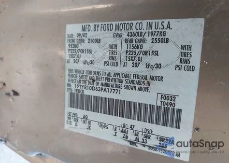 2003 Ford Ranger Xl/Xlt из США, поврежденный, VIN 1FTYR10D63PA17771